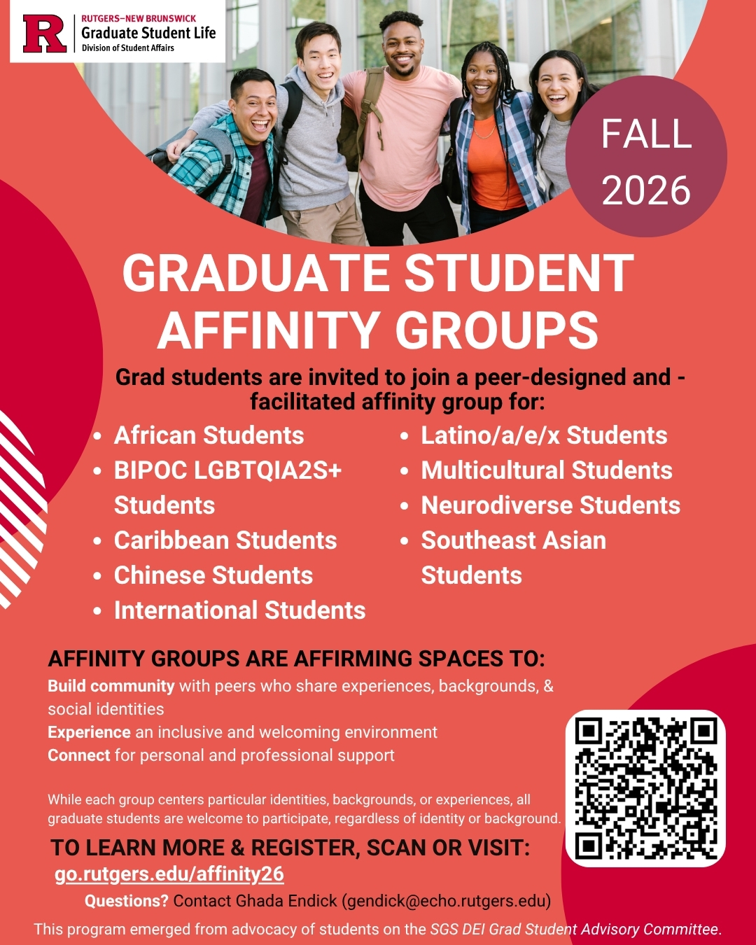 Flyer with information about affinity groups including what they are, which groups exist, and a link to register